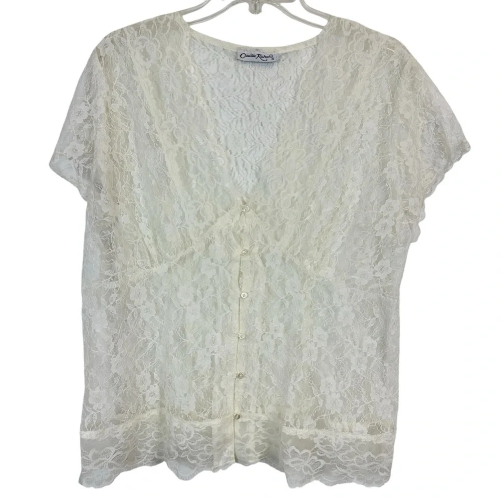 Claudia Richard Sheer Lace Fitted Button Front Short Sleeve Top Women’s Size L - Picture 9 of 9